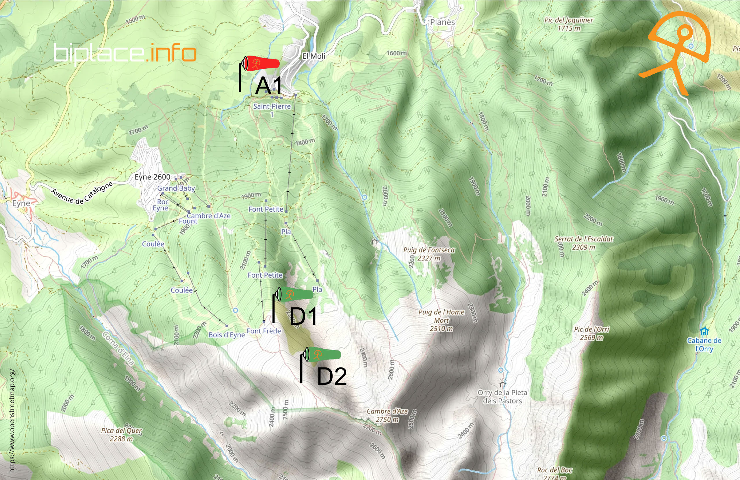 Carte du site Cambre d'Aze — D1, D2, A1