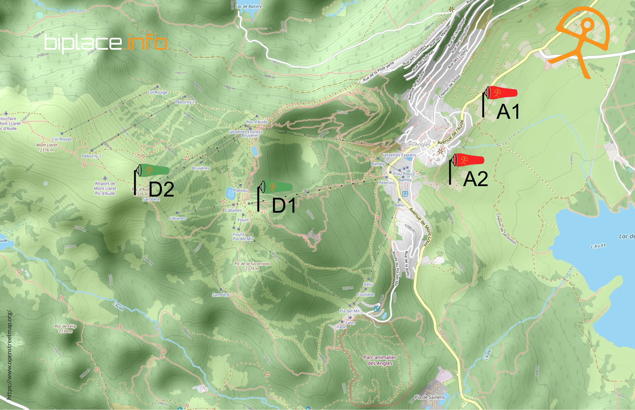 Carte du site de vol Les Angles — D1, D2, A1, A2